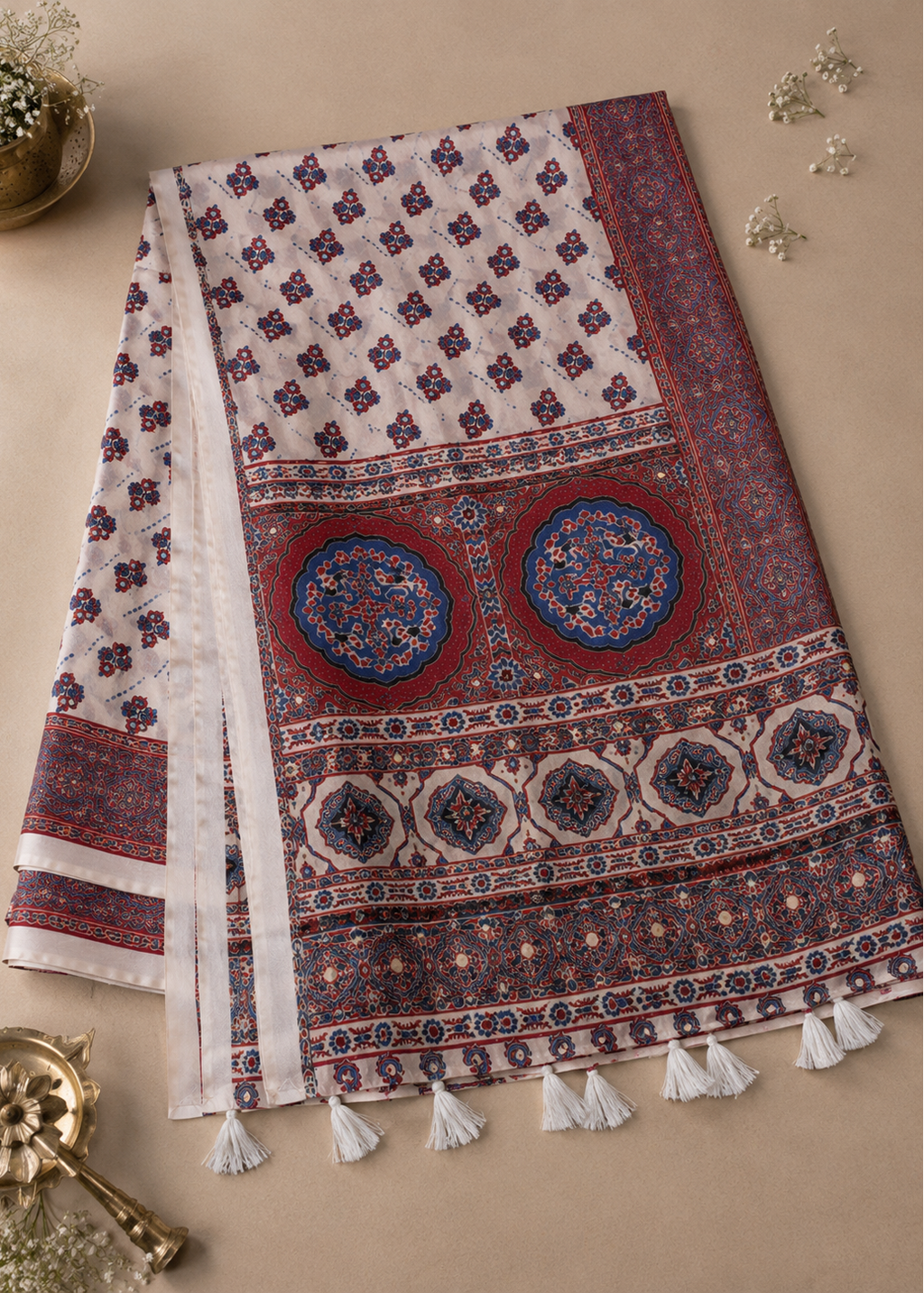 Premium Modal Silk Ajrakh Print Saree with Mirror Work & Tassel Pallu