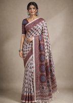 Premium Modal Silk Ajrakh Print Saree with Mirror Work & Tassel Pallu