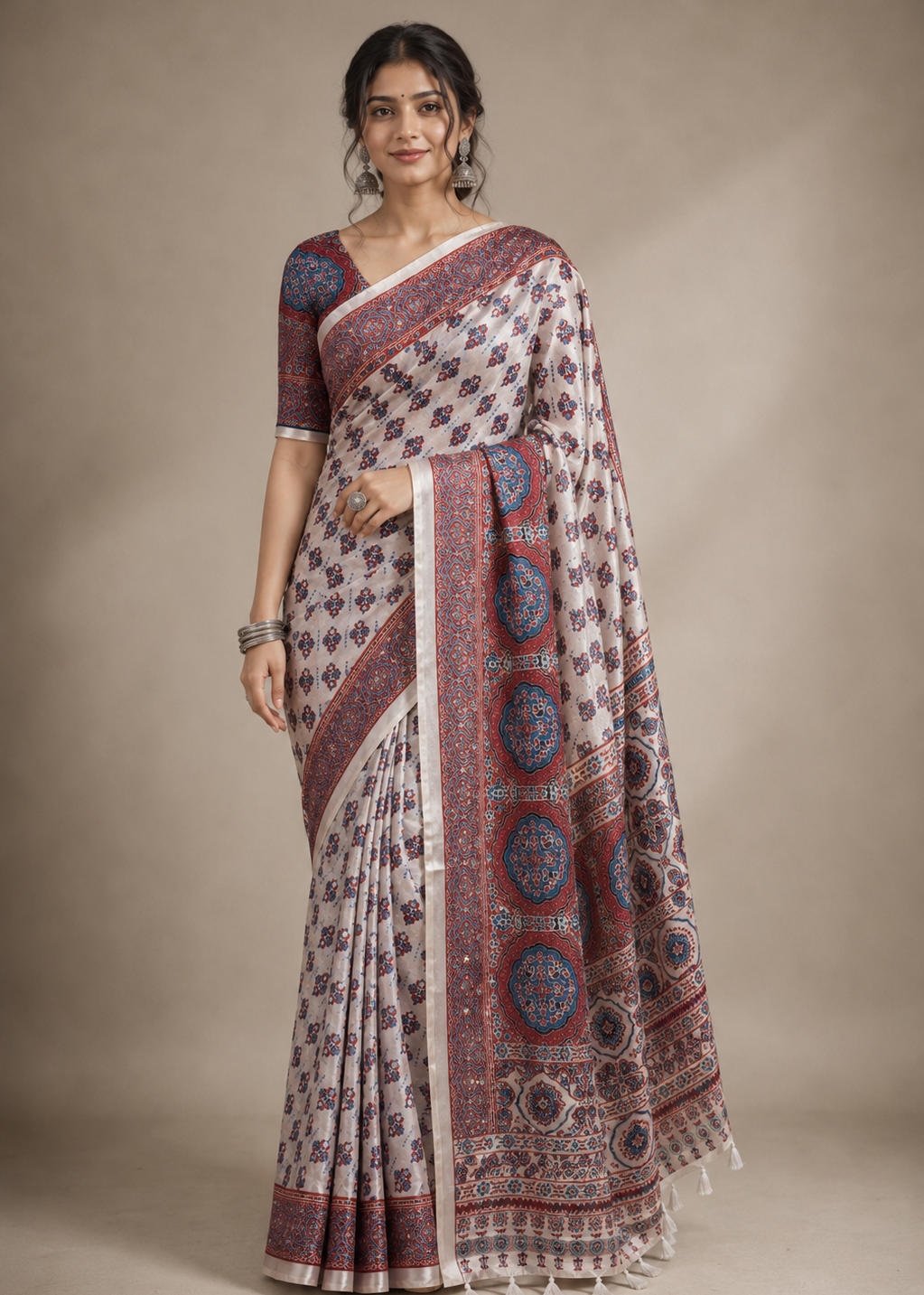 Premium Modal Silk Ajrakh Print Saree with Mirror Work & Tassel Pallu