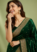 Luxury Emerald Green Velvet Saree with Heavy Zari Border & Tassels