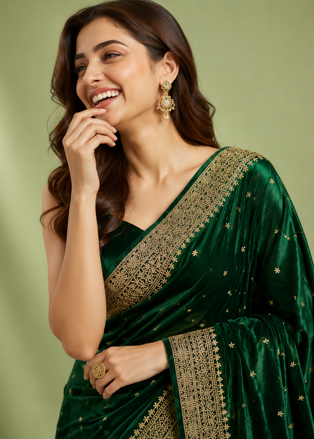 Luxury Emerald Green Velvet Saree with Heavy Zari Border & Tassels
