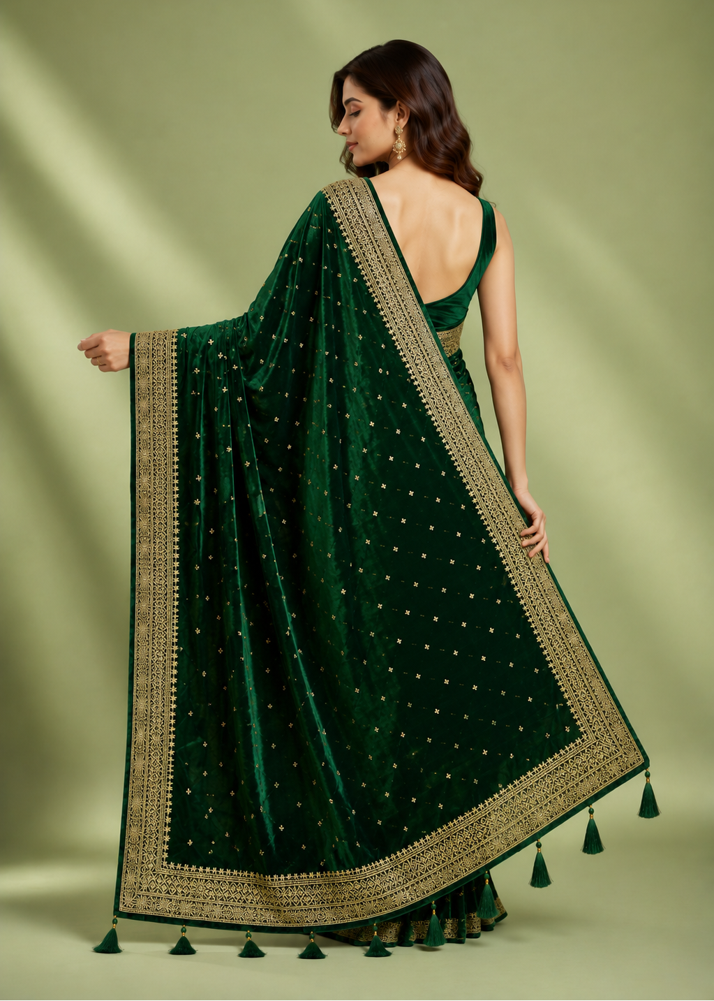 Luxury Emerald Green Velvet Saree with Heavy Zari Border & Tassels