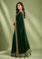 Luxury Emerald Green Velvet Saree with Heavy Zari Border & Tassels