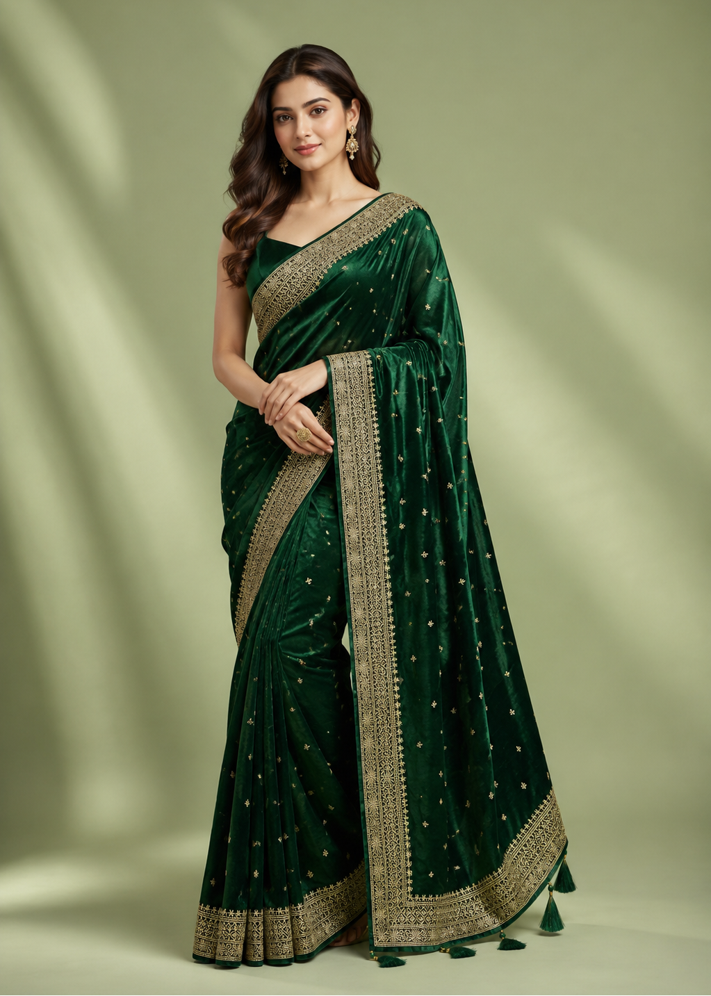 Luxury Emerald Green Velvet Saree with Heavy Zari Border & Tassels