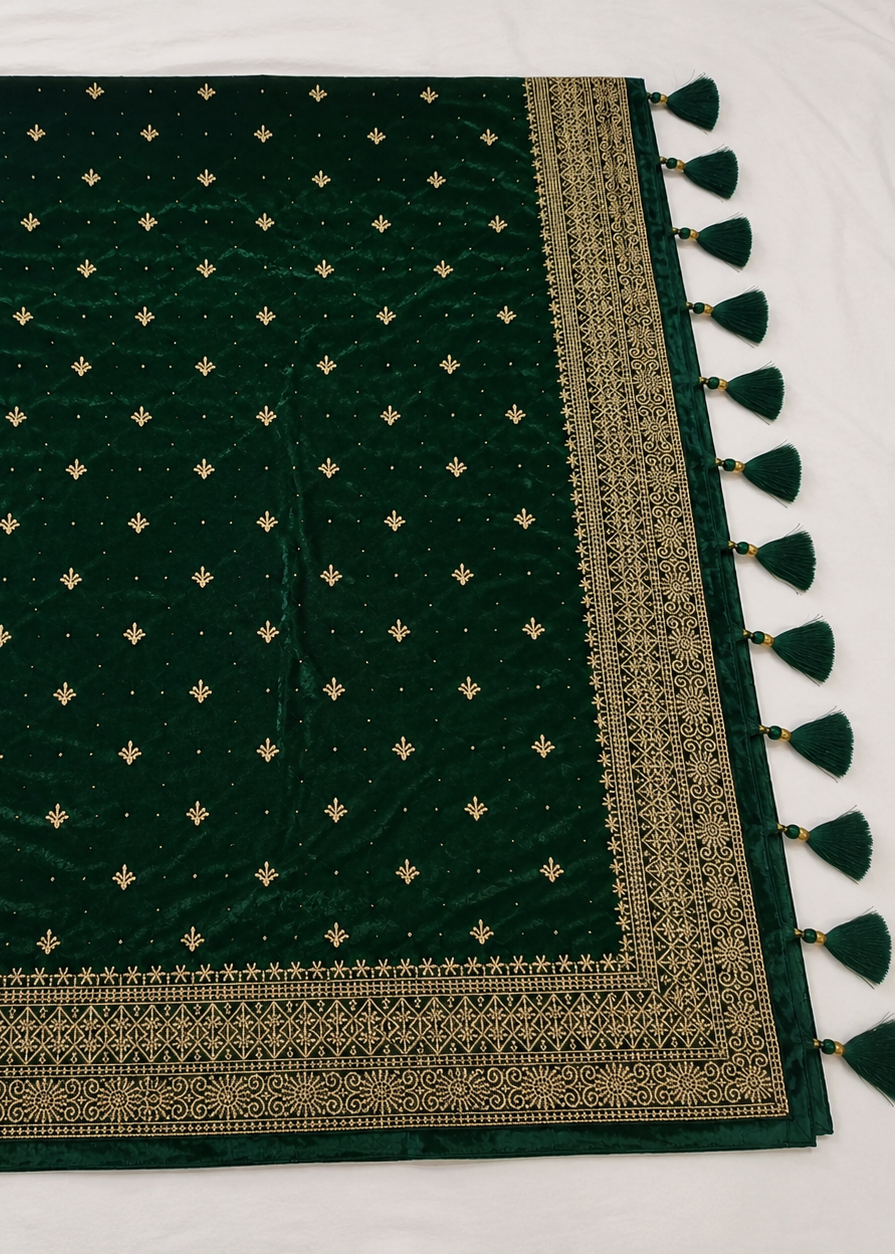 Luxury Emerald Green Velvet Saree with Heavy Zari Border & Tassels