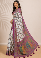 White Kashmiri Printed Modal Silk Saree with Real Mirror Work