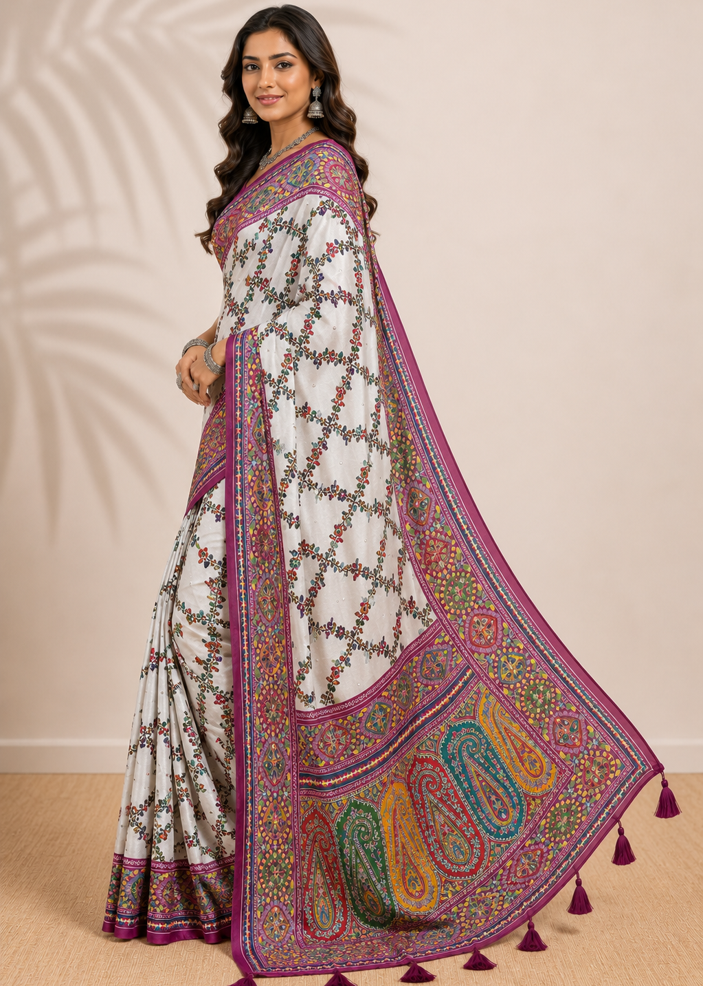 White Kashmiri Printed Modal Silk Saree with Real Mirror Work