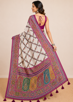 White Kashmiri Printed Modal Silk Saree with Real Mirror Work