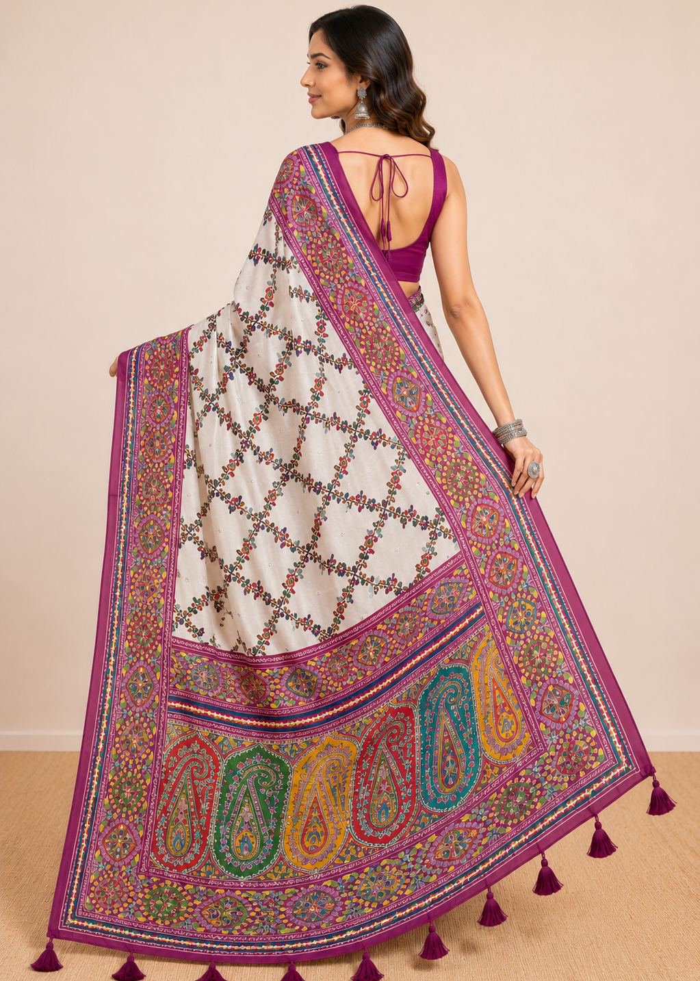 White Kashmiri Printed Modal Silk Saree with Real Mirror Work