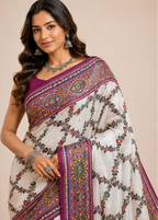 White Kashmiri Printed Modal Silk Saree with Real Mirror Work