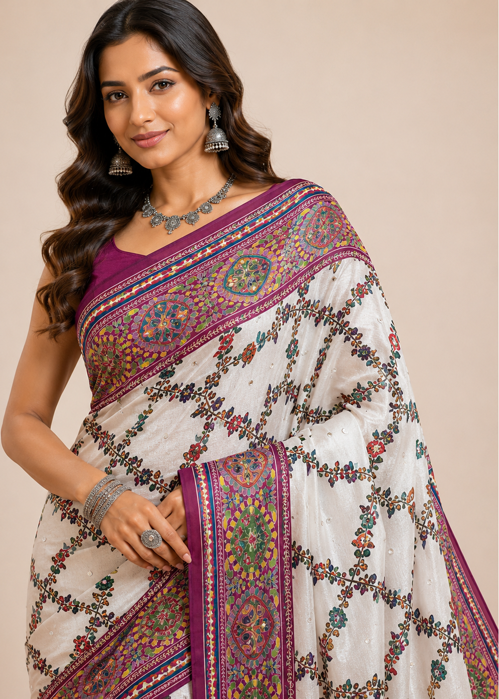 White Kashmiri Printed Modal Silk Saree with Real Mirror Work
