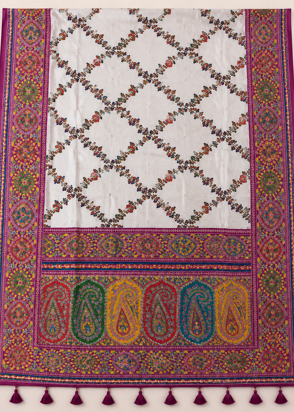 White Kashmiri Printed Modal Silk Saree with Real Mirror Work