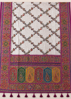 White Kashmiri Printed Modal Silk Saree with Real Mirror Work
