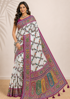 White Kashmiri Printed Modal Silk Saree with Real Mirror Work