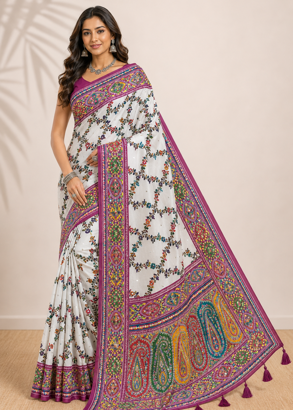 White Kashmiri Printed Modal Silk Saree with Real Mirror Work
