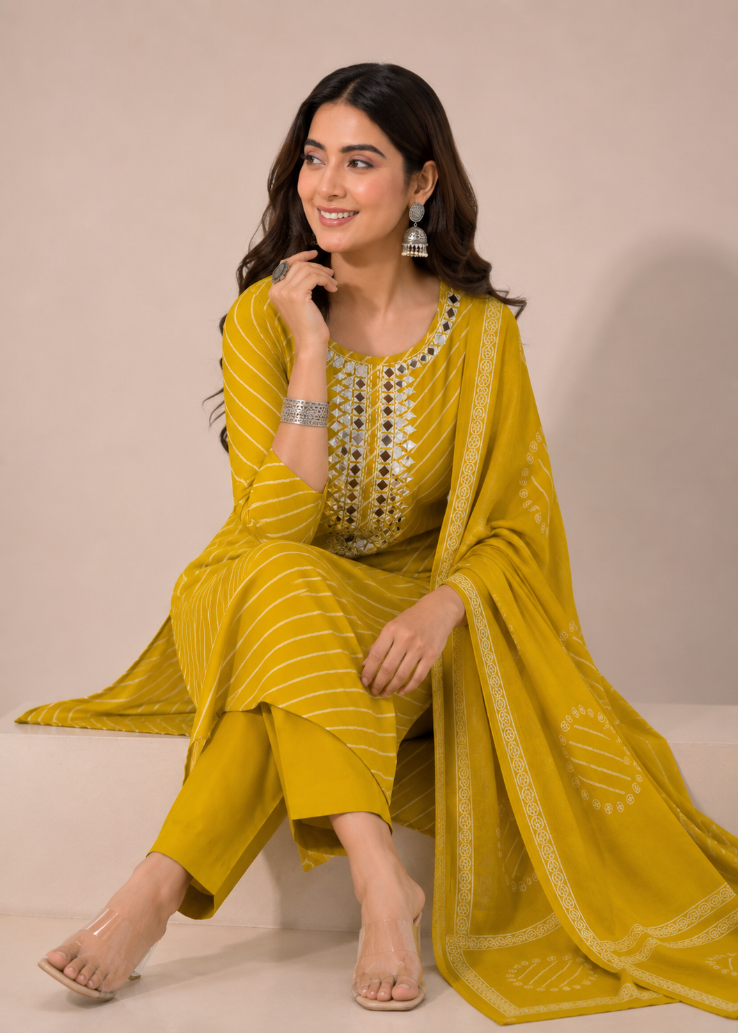 Mustard Yellow Mirror Work Kurta Set with Dupatta