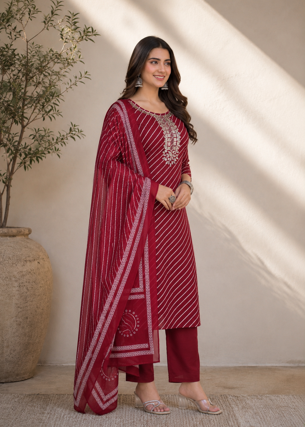 Maroon Leheriya Mirror Work Kurta Pant Set with Dupatta