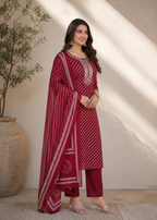 Maroon Leheriya Mirror Work Kurta Pant Set with Dupatta