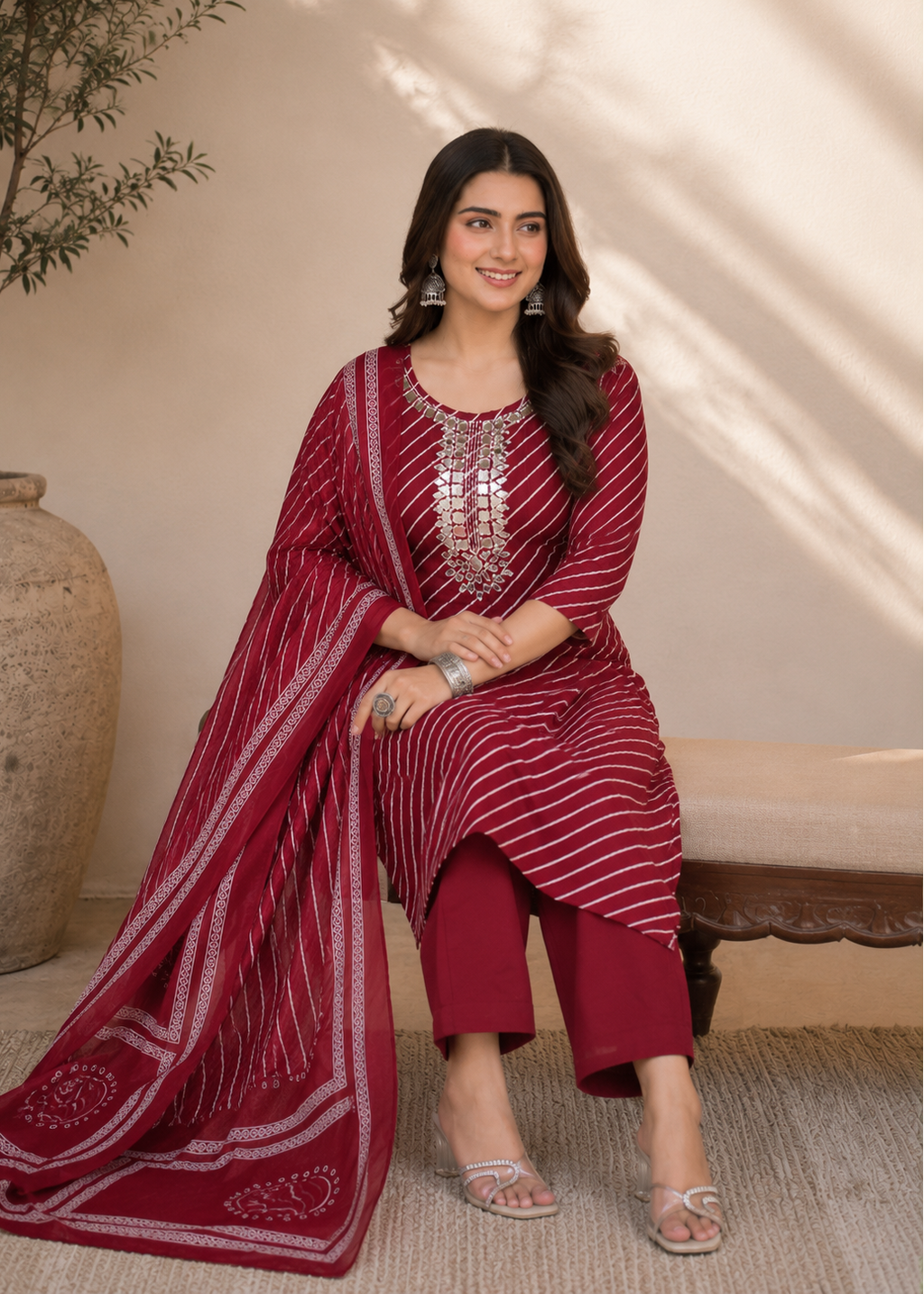 Maroon Leheriya Mirror Work Kurta Pant Set with Dupatta