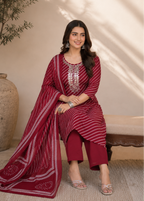 Maroon Leheriya Mirror Work Kurta Pant Set with Dupatta