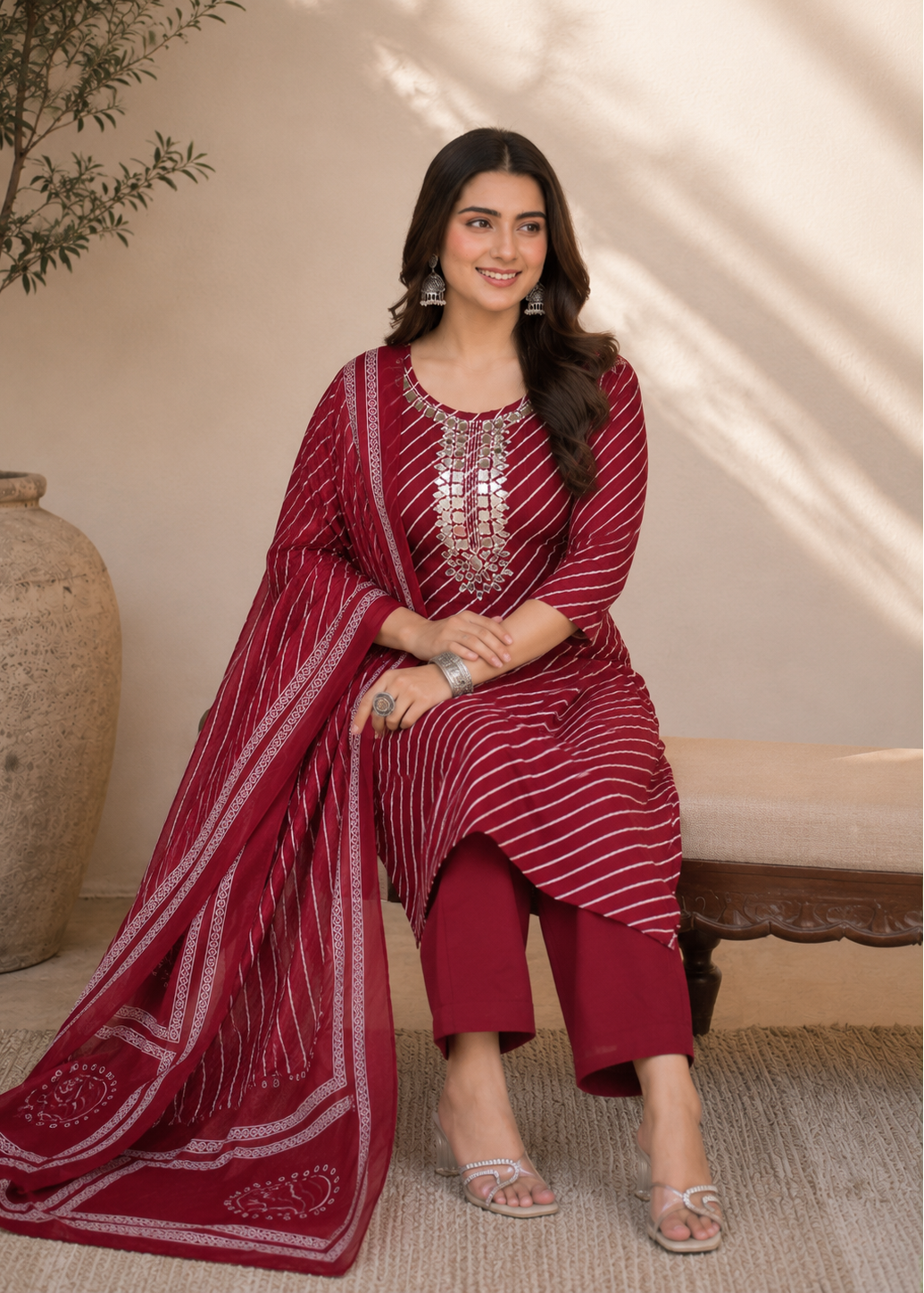 Maroon Leheriya Mirror Work Kurta Pant Set with Dupatta
