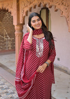 Maroon Leheriya Mirror Work Kurta Pant Set with Dupatta