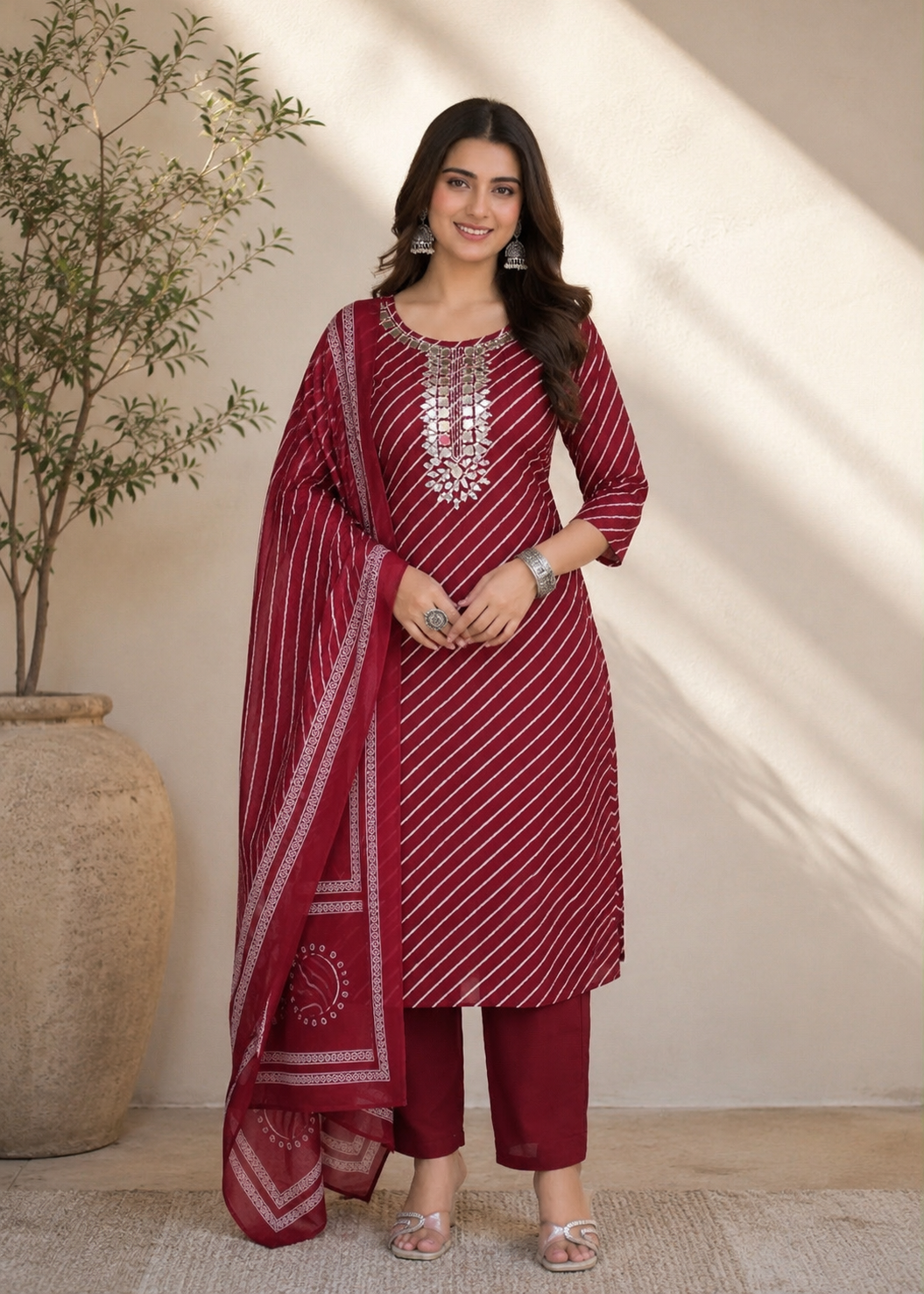 Maroon Leheriya Mirror Work Kurta Pant Set with Dupatta