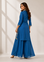 Blue Chinon Chiffon Co-Ord Set with Gota Work & Divider Palazzo