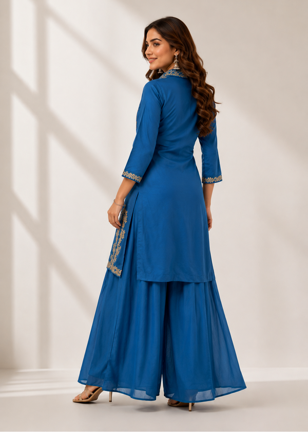 Blue Chinon Chiffon Co-Ord Set with Gota Work & Divider Palazzo