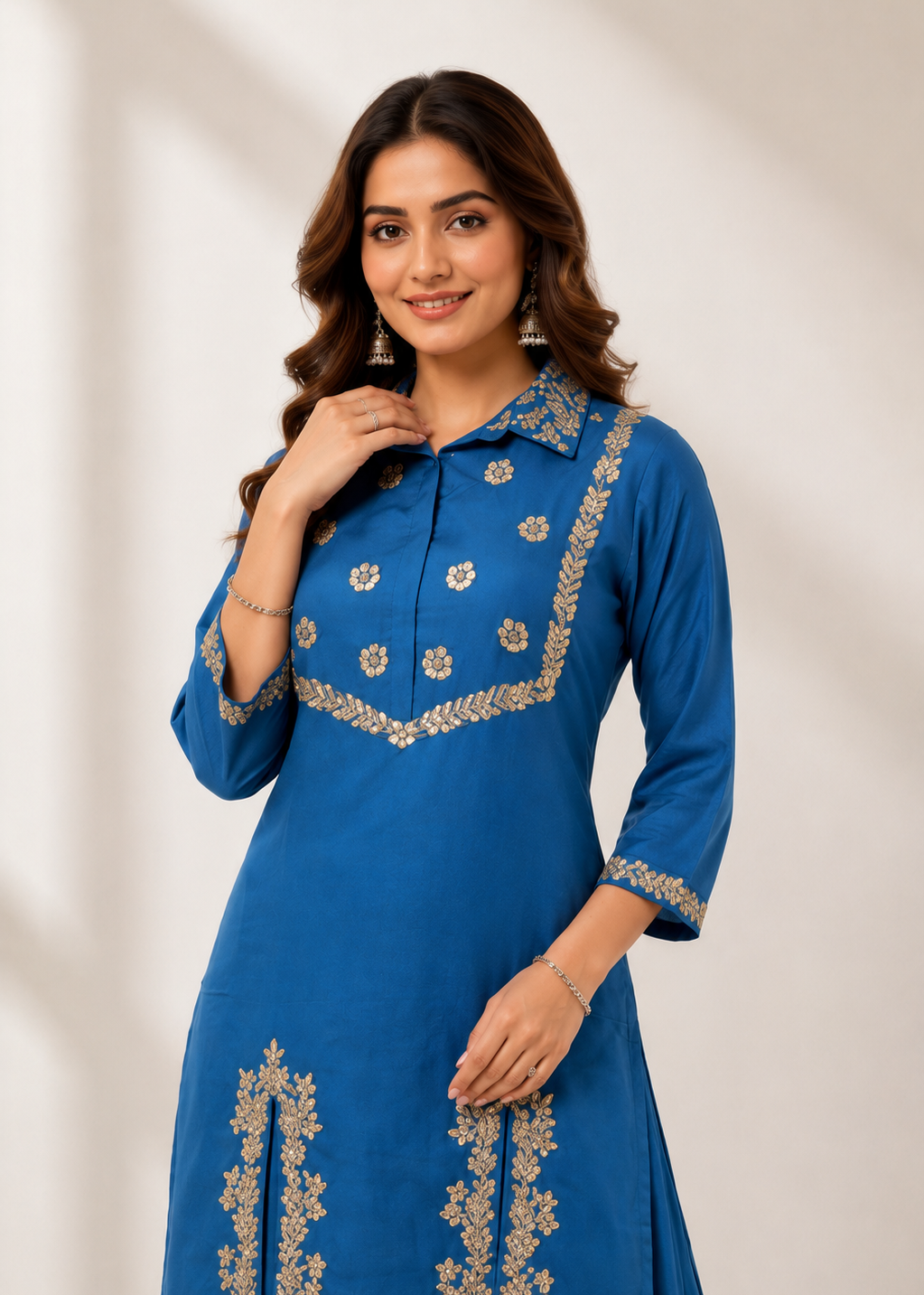 Blue Chinon Chiffon Co-Ord Set with Gota Work & Divider Palazzo