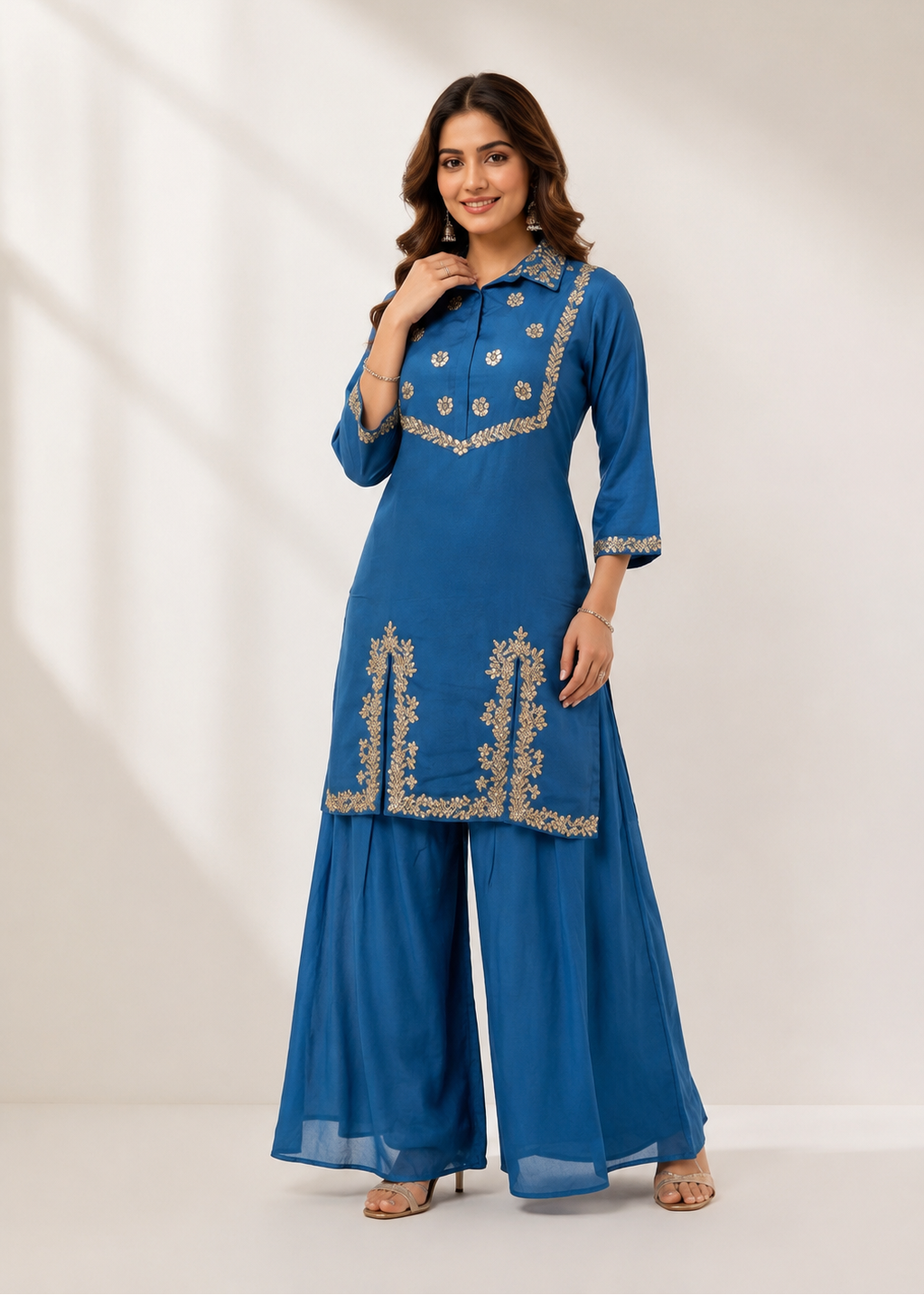 Blue Chinon Chiffon Co-Ord Set with Gota Work & Divider Palazzo