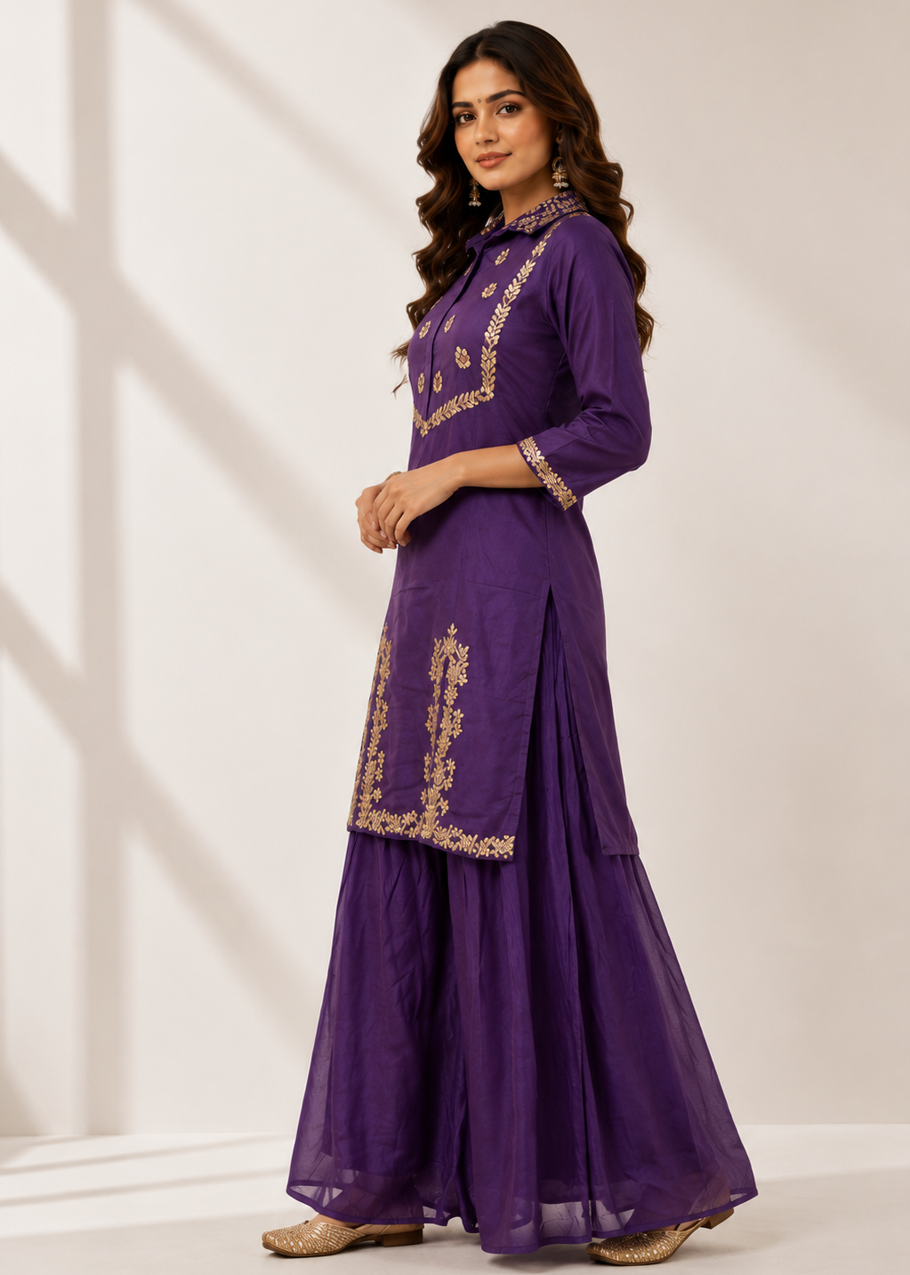 Purple Chinon Chiffon Co-Ord Set with Gota Work & Divider Palazzo