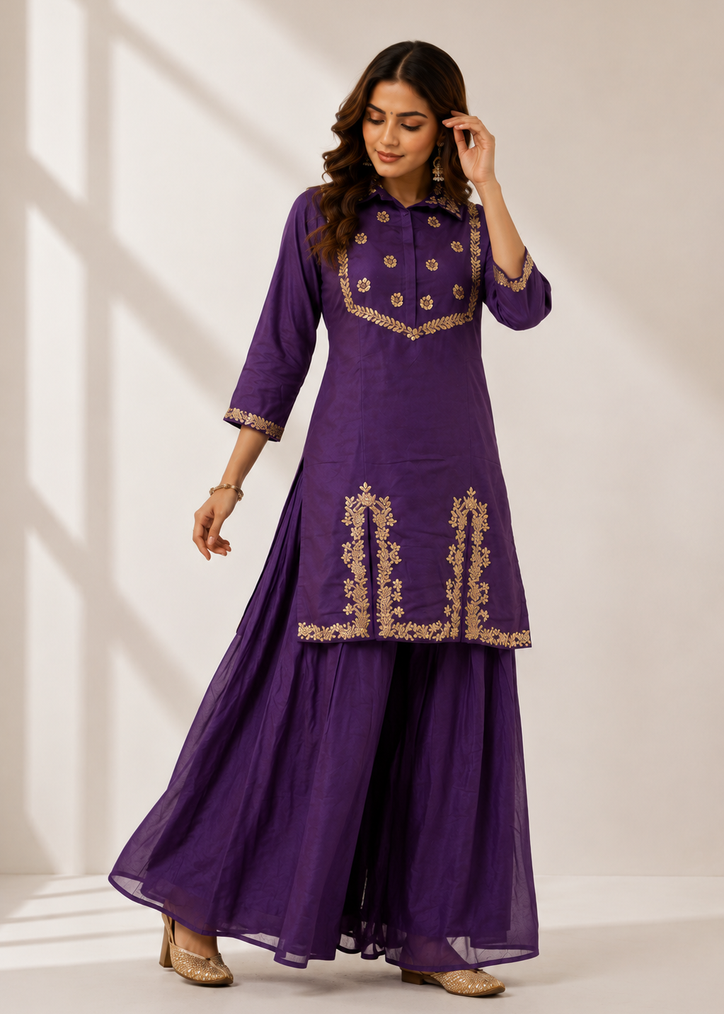 Purple Chinon Chiffon Co-Ord Set with Gota Work & Divider Palazzo