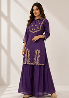 Purple Chinon Chiffon Co-Ord Set with Gota Work & Divider Palazzo