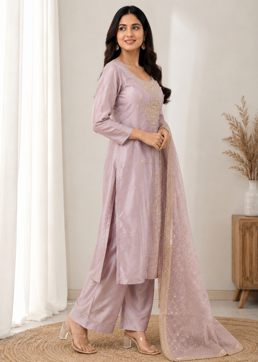 Blush Pink Silk Kurta Set with Embroidered Dupatta