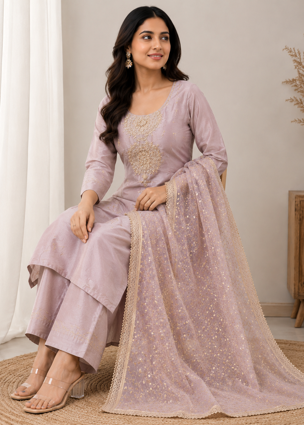 Blush Pink Silk Kurta Set with Embroidered Dupatta
