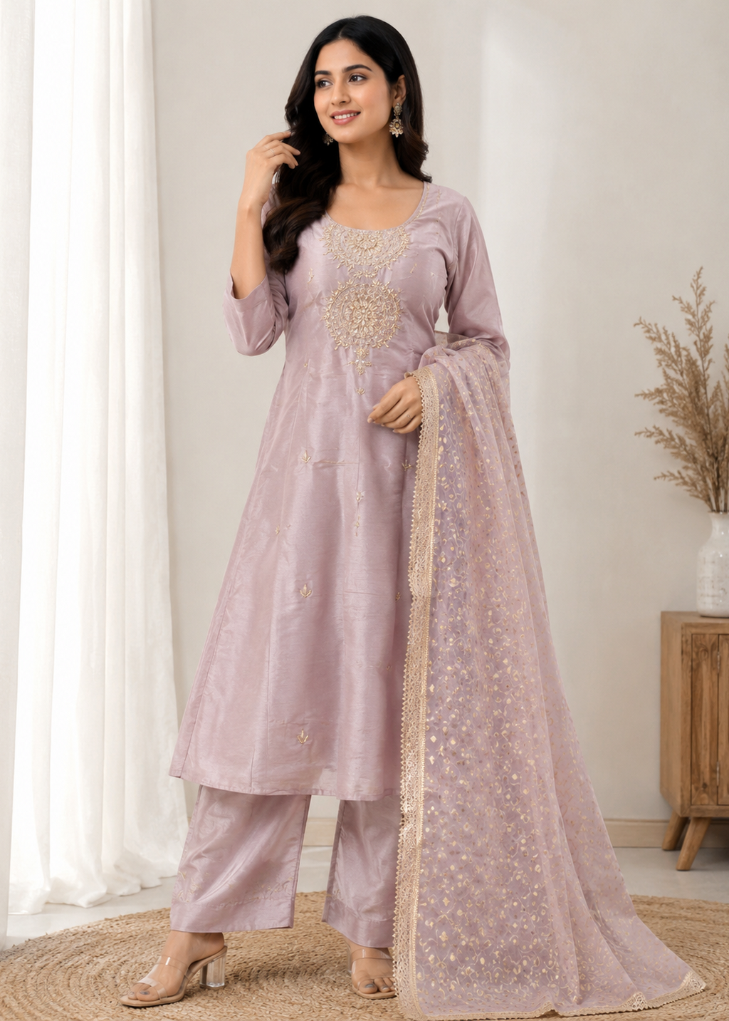 Blush Pink Silk Kurta Set with Embroidered Dupatta