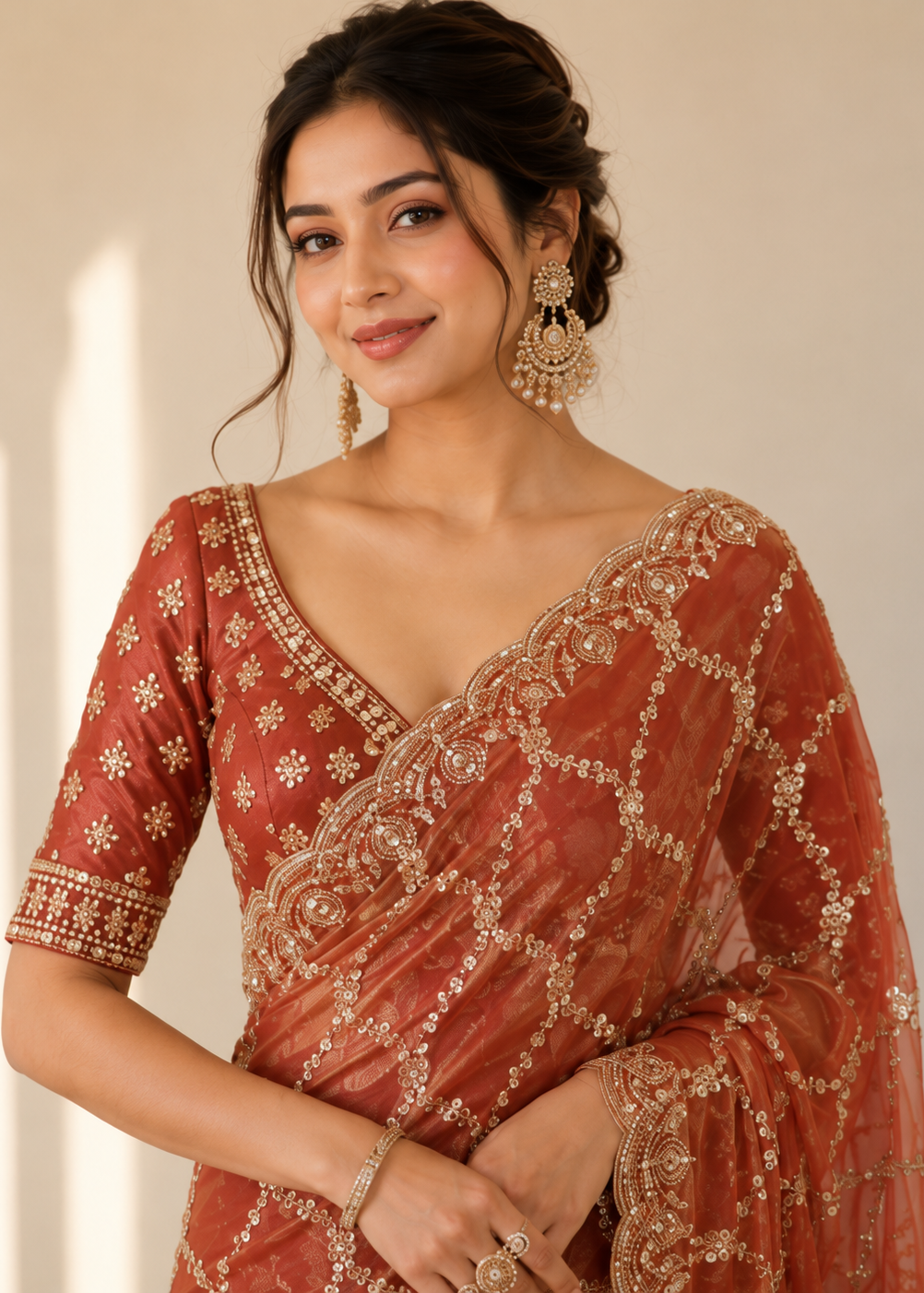 Peach Fande Organza Saree with Allover Handwork Katdana & Sequence Work
