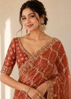 Peach Fande Organza Saree with Allover Handwork Katdana & Sequence Work