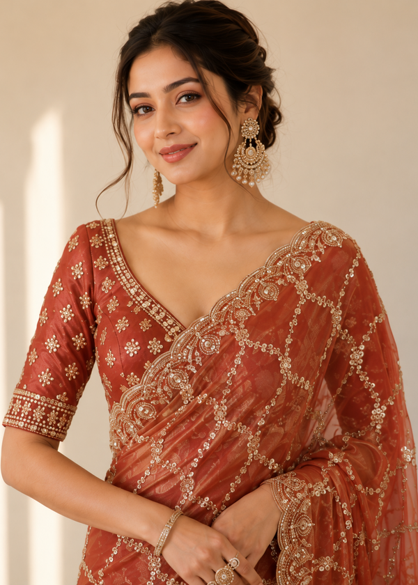 Peach Fande Organza Saree with Allover Handwork Katdana & Sequence Work