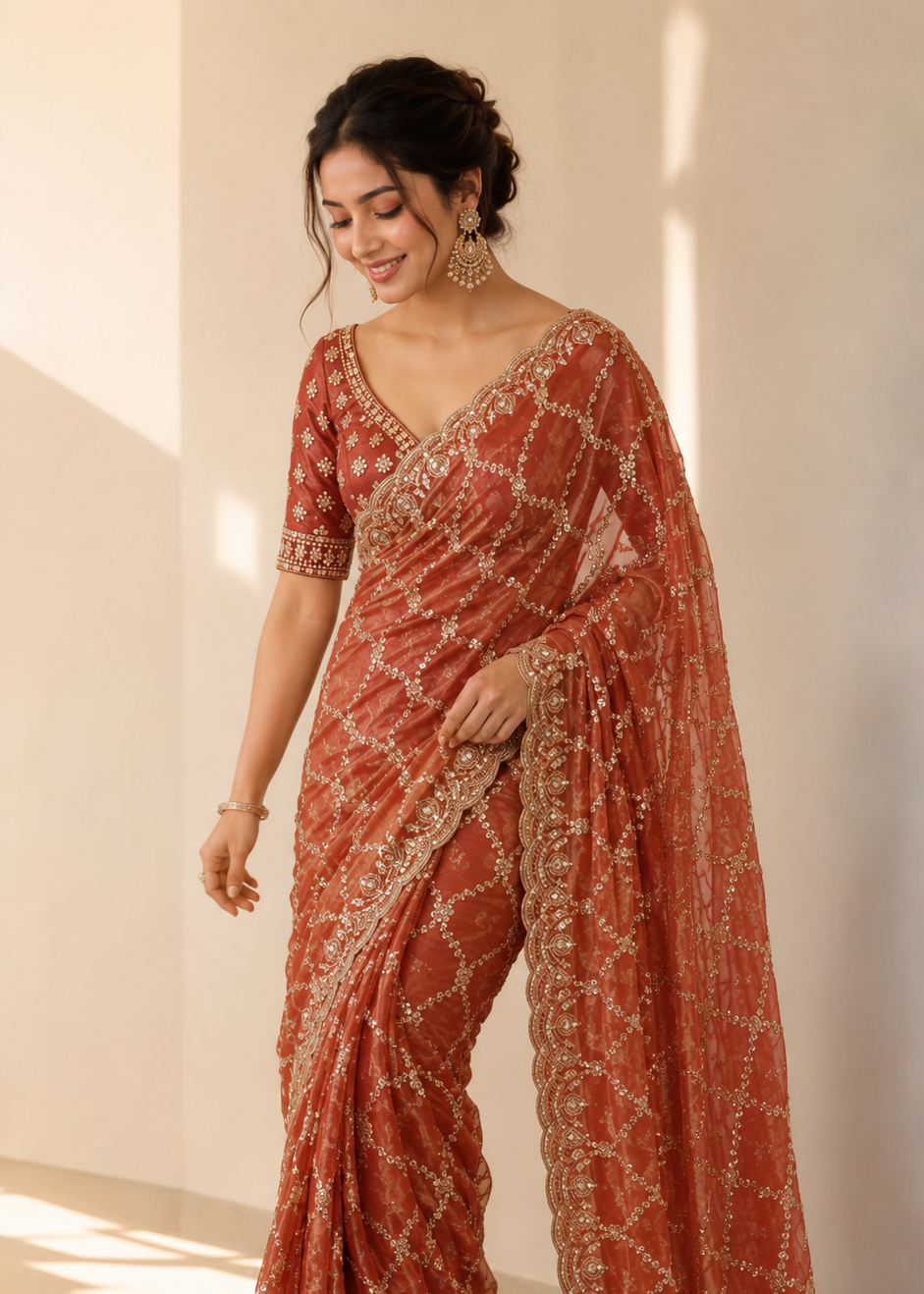 Peach Fande Organza Saree with Allover Handwork Katdana & Sequence Work