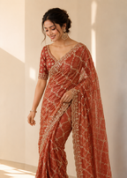 Peach Fande Organza Saree with Allover Handwork Katdana & Sequence Work