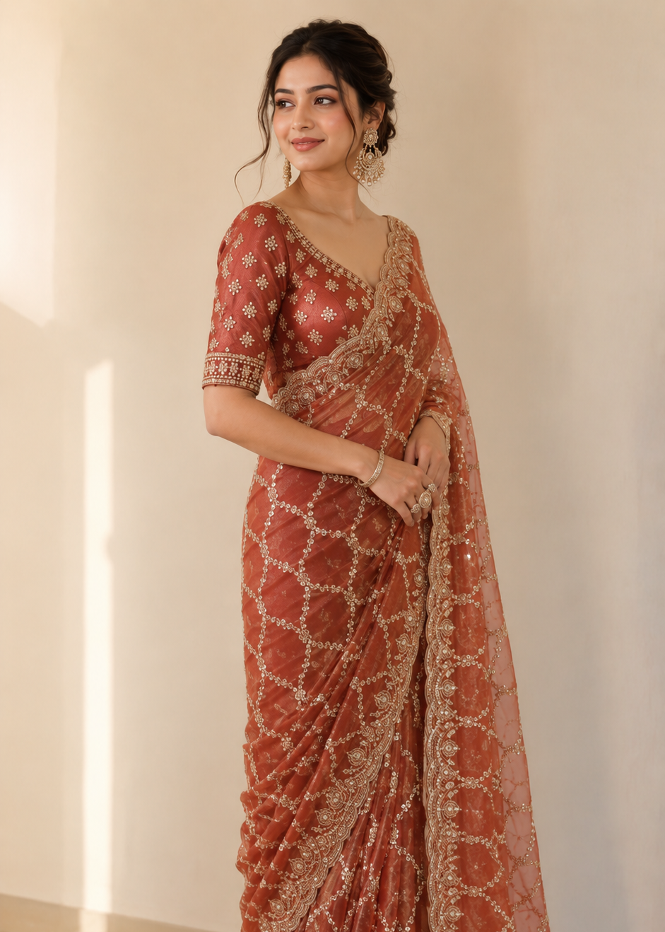 Peach Fande Organza Saree with Allover Handwork Katdana & Sequence Work