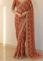 Peach Fande Organza Saree with Allover Handwork Katdana & Sequence Work