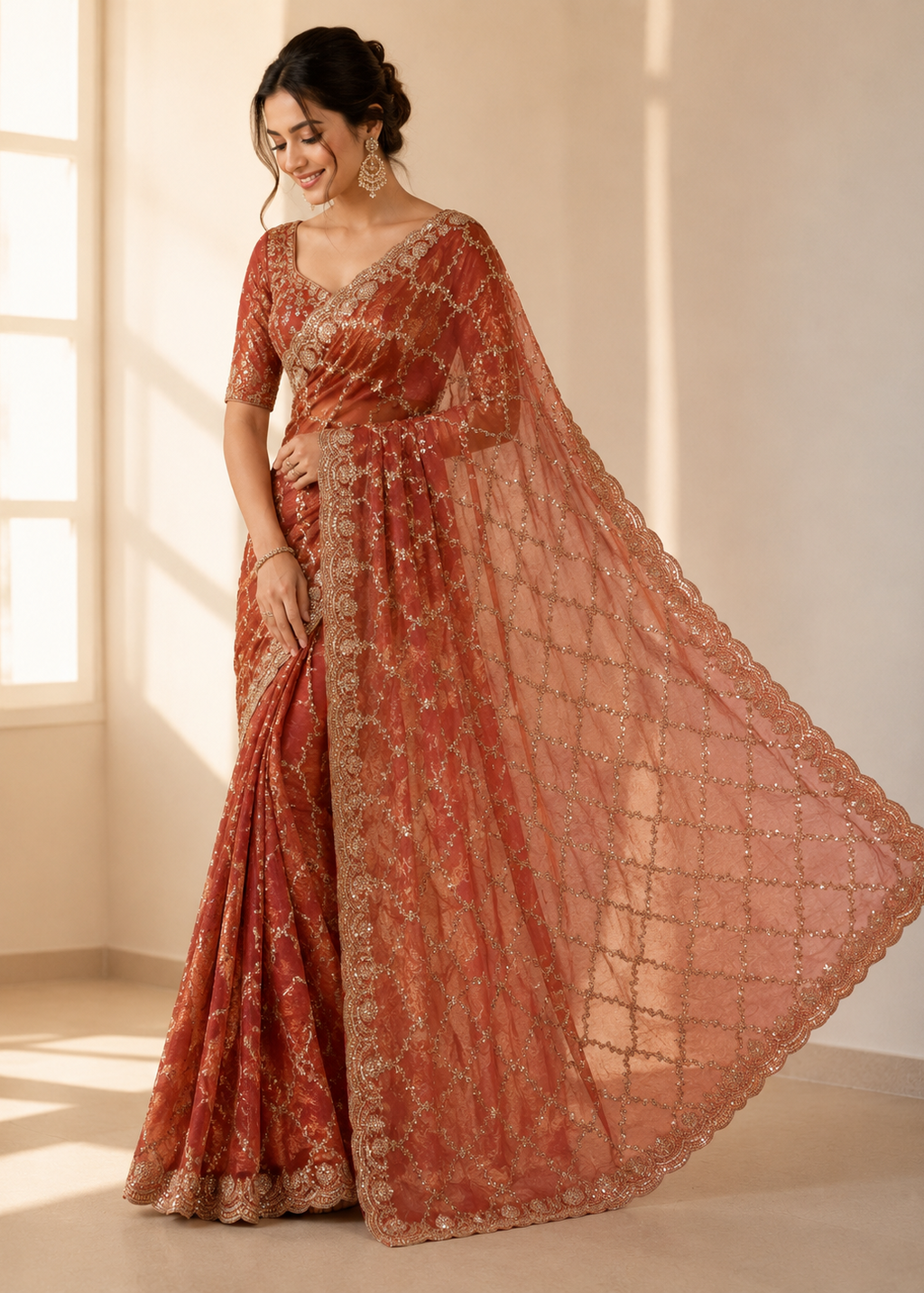 Peach Fande Organza Saree with Allover Handwork Katdana & Sequence Work