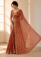Peach Fande Organza Saree with Allover Handwork Katdana & Sequence Work