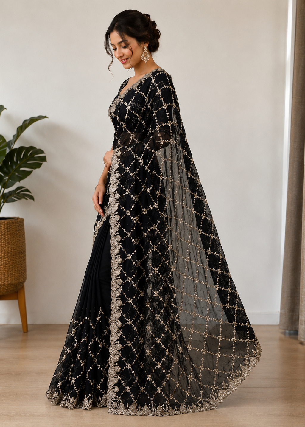 Black Fande Organza Saree with Allover Handwork Katdana & Sequence Work