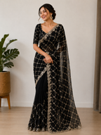 Black Fande Organza Saree with Allover Handwork Katdana & Sequence Work