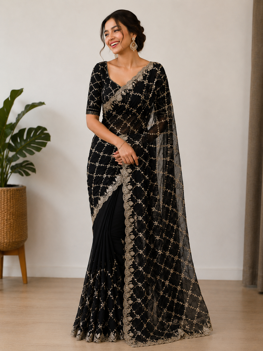 Black Fande Organza Saree with Allover Handwork Katdana & Sequence Work