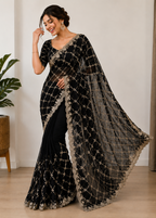 Black Fande Organza Saree with Allover Handwork Katdana & Sequence Work